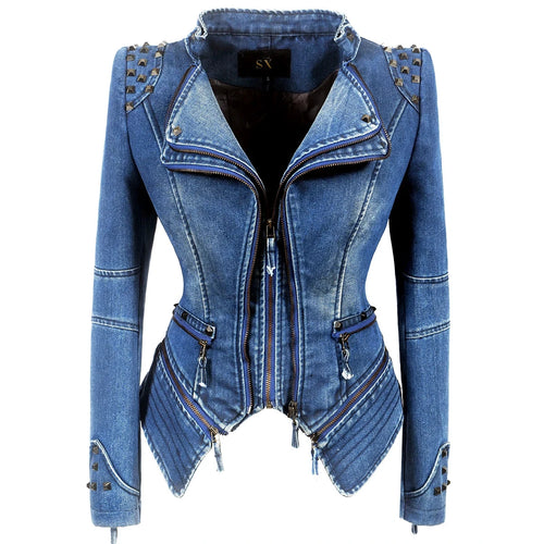 Veste Denim Gris Femme Moto Rivets Fermeture Éclair