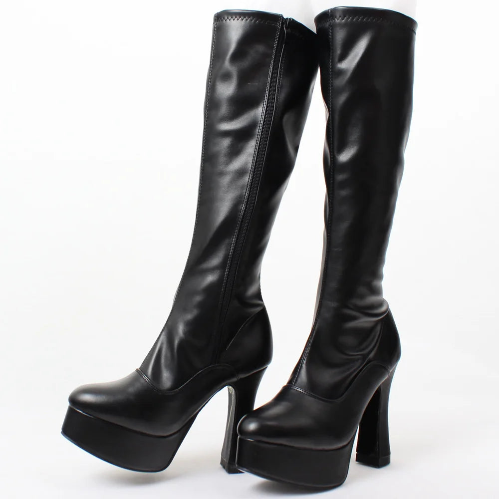 Bottes Femme Genou Haut Talons Épais Plateforme Style Occidental Cuir