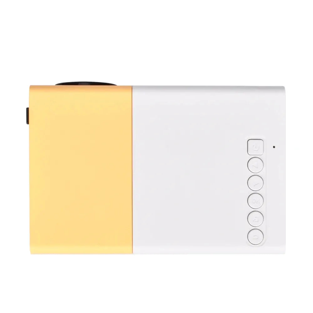 Mini projecteur LED portable Salange, boîtier blanc avec panneau orange et boutons de contrôle sur le côté
