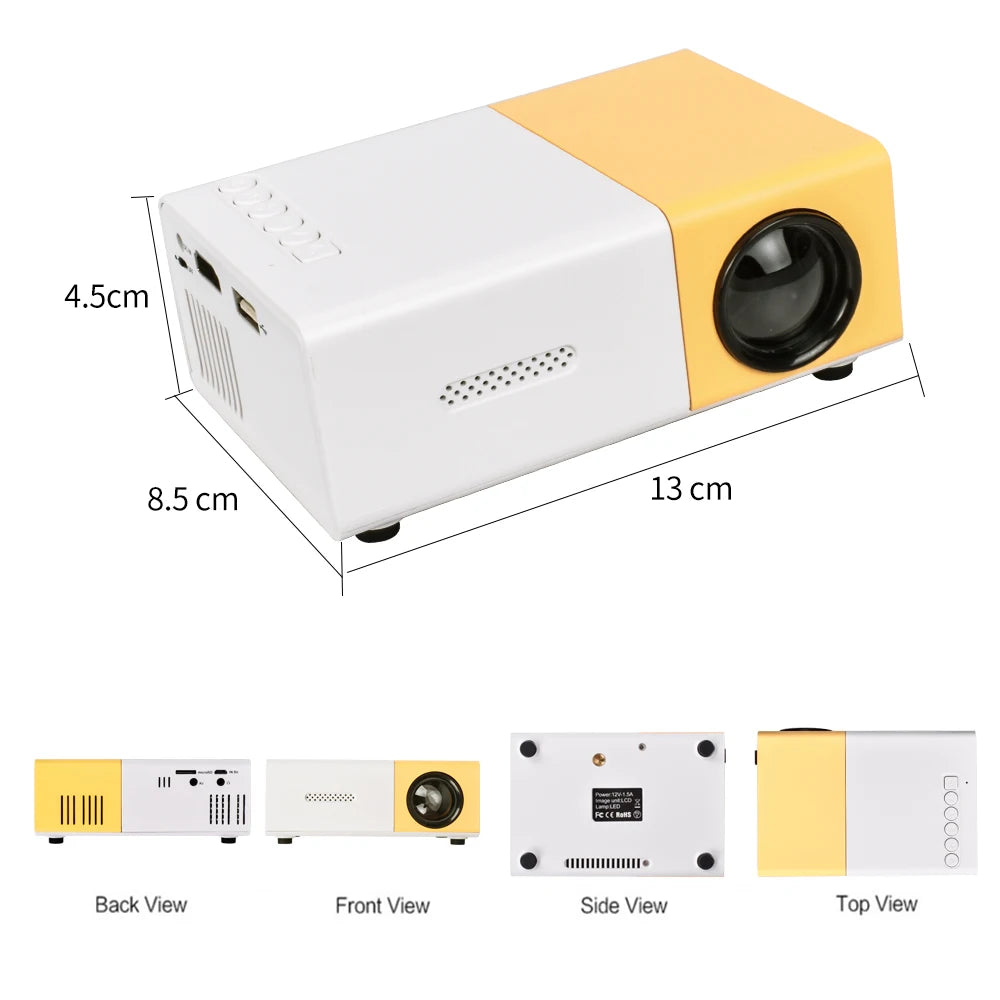 Mini projecteur LED portable Salange, boîtier blanc et jaune, lentille frontale, design compact