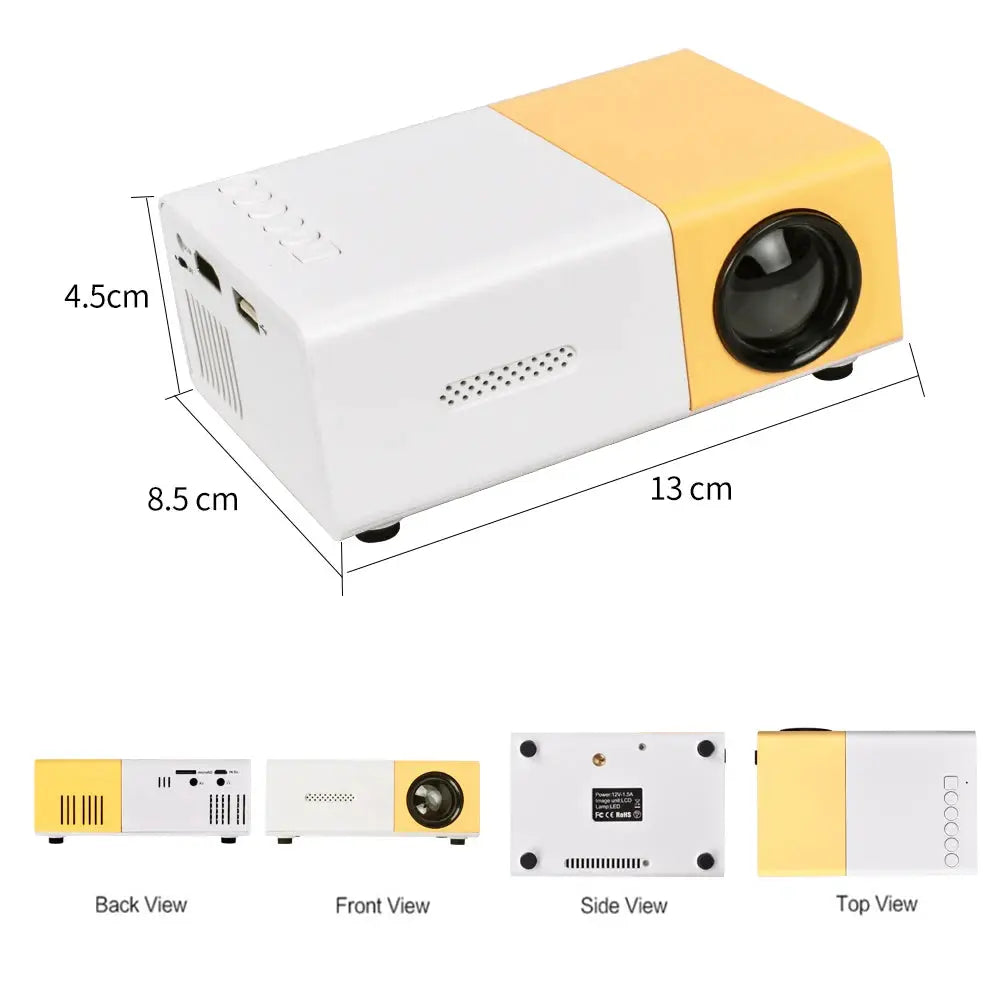 Mini projecteur LED portable Salange, boîtier blanc et jaune, lentille frontale, design compact