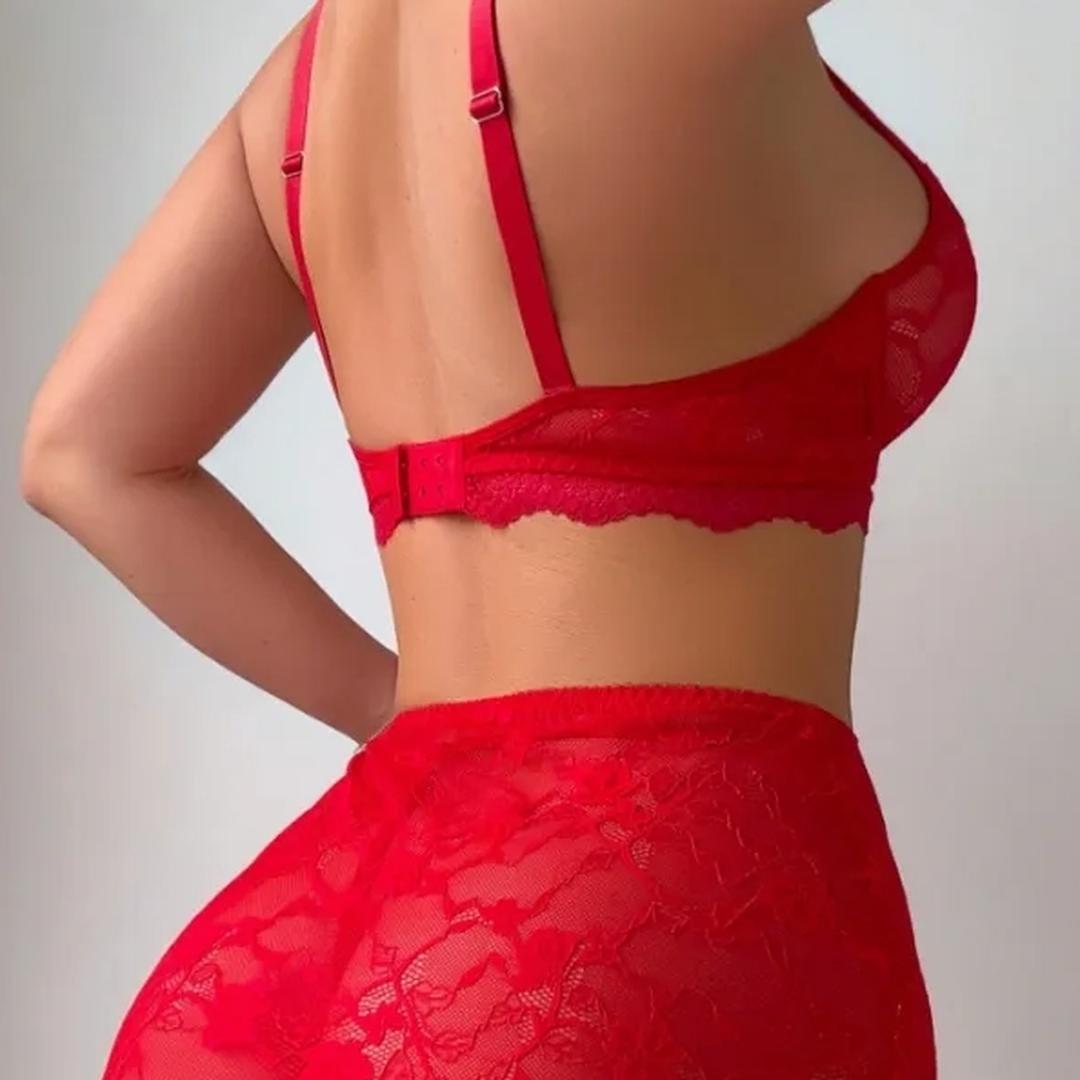 Marilyne Ensemble En Dentelle Rouge Avec Jupe Voile Transparente Deux Pieces Pour Femme Élégante by Les Secrets de Léa