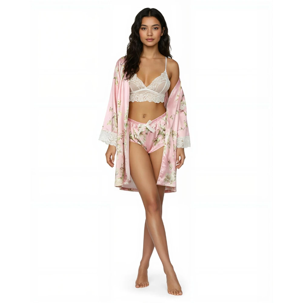 Les Secrets de Léa – Pyjama satin dentelle imprimé floral avec kimono – Laly