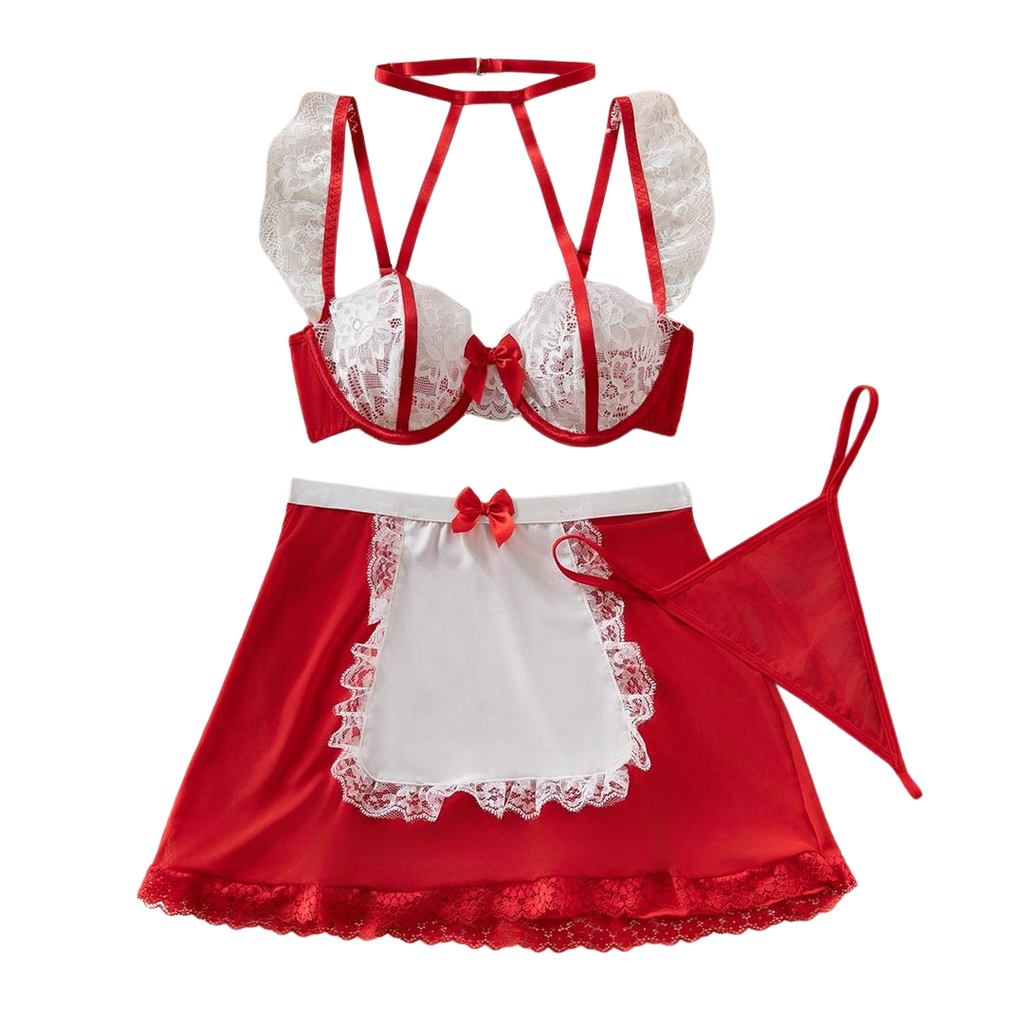 Léas Geheimnisse – Dreiteiliges Dessous-Set aus roter und weißer Spitze – Louise