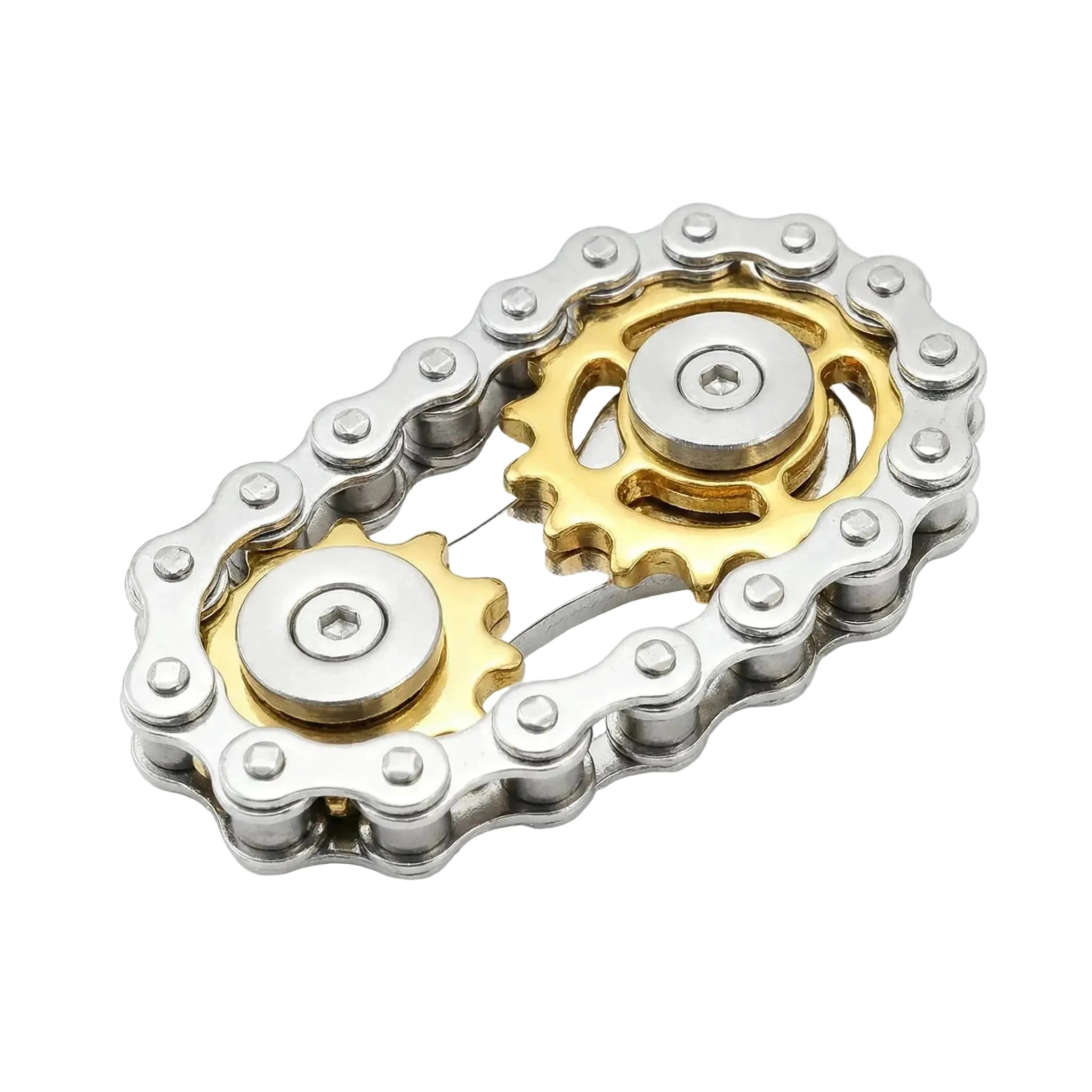 Fidget spinner en acier inox avec deux engrenages dorés et chaîne argentée, LSDLBoutique