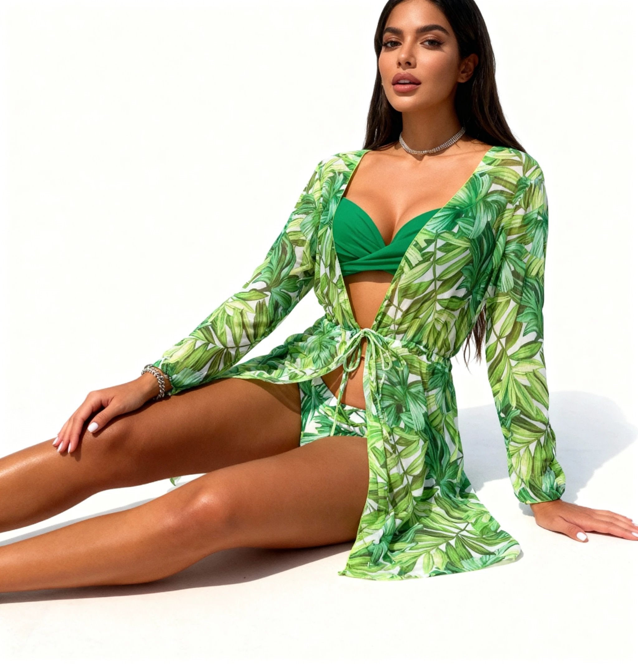 Les Secrets de Léa - Ensemble Kimono Tropical Bikini Vert - Naïma