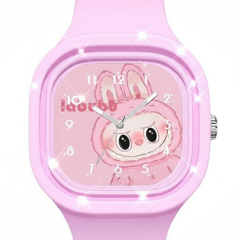 Montre quartz Mon Labubu, bracelet silicone violet, cadran rose avec personnage mignon