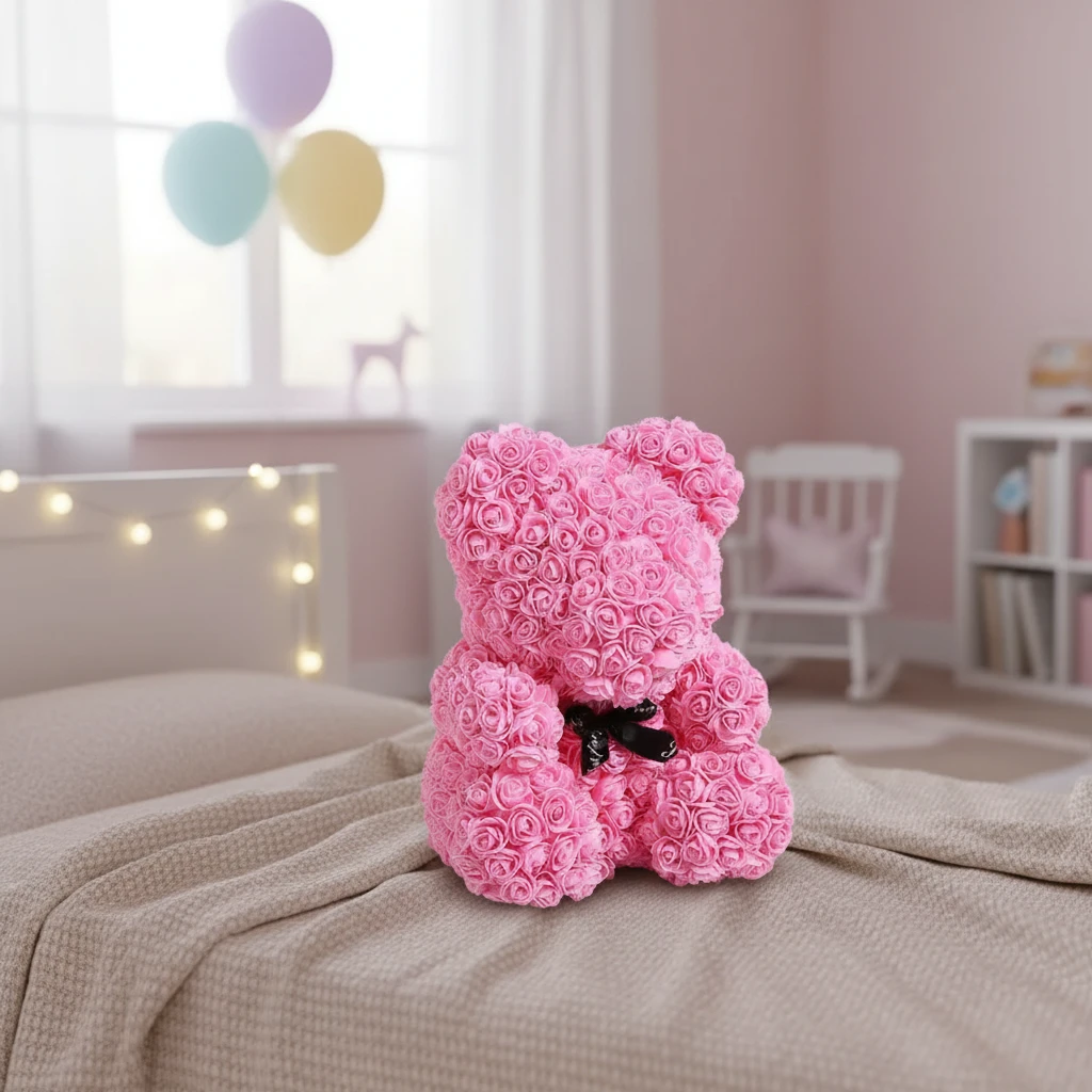 Ourson en Roses Éternelles Rouges, décoration en roses artificielles rose, avec nœud noir.