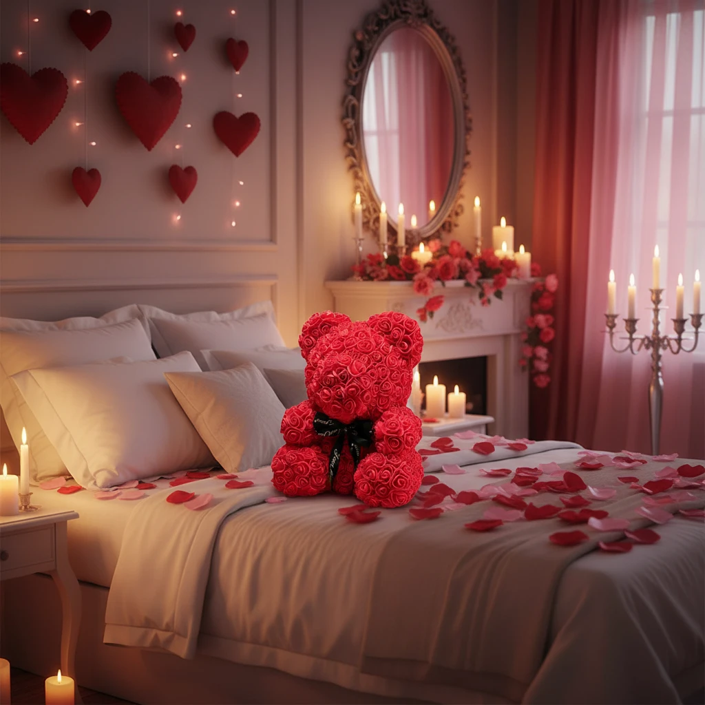 Ourson en Roses Éternelles Rouges, décoration en roses artificielles rouges posée sur lit romantique