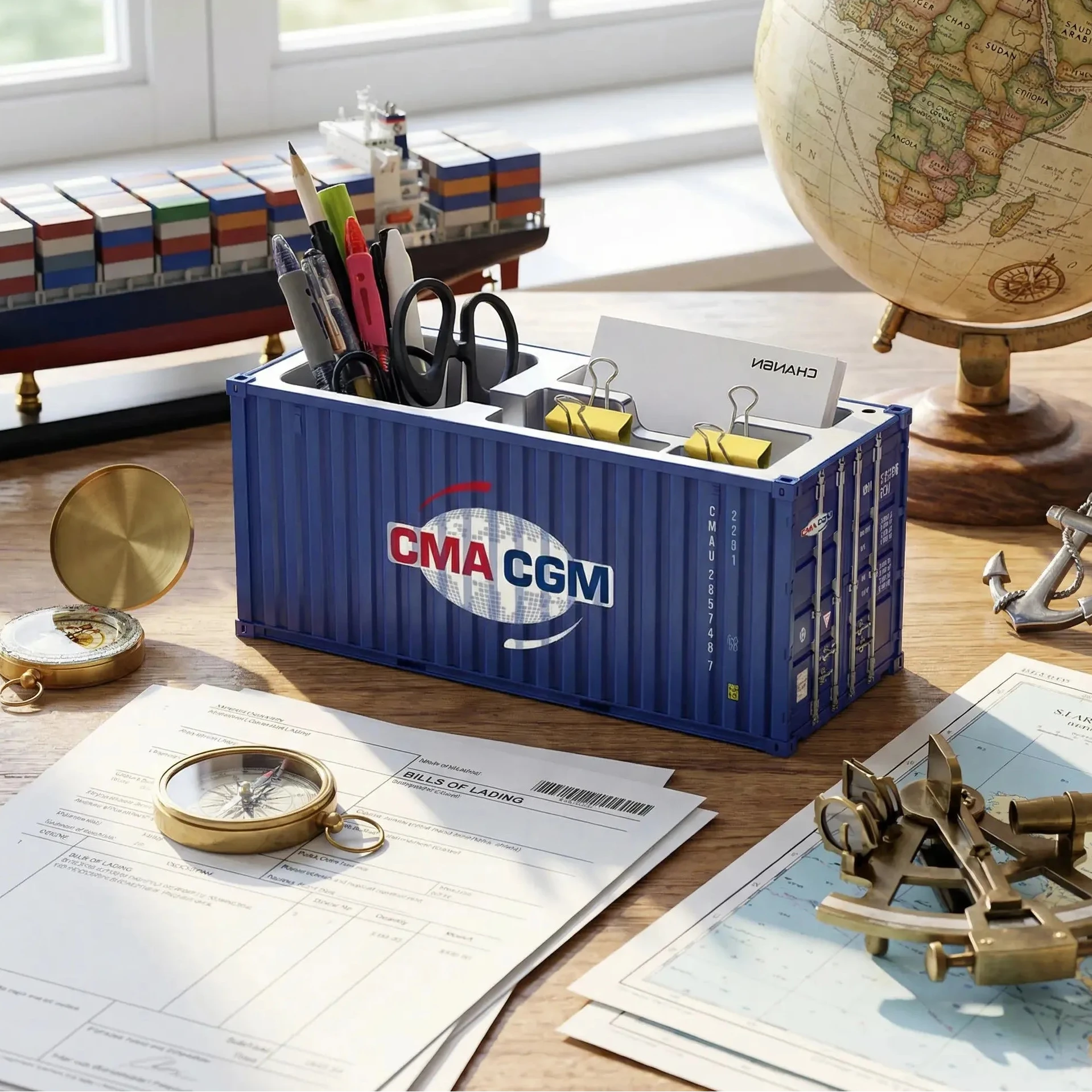 Porte-stylos bleu en conteneur maritime, logo CMA CGM, LSDLBoutique