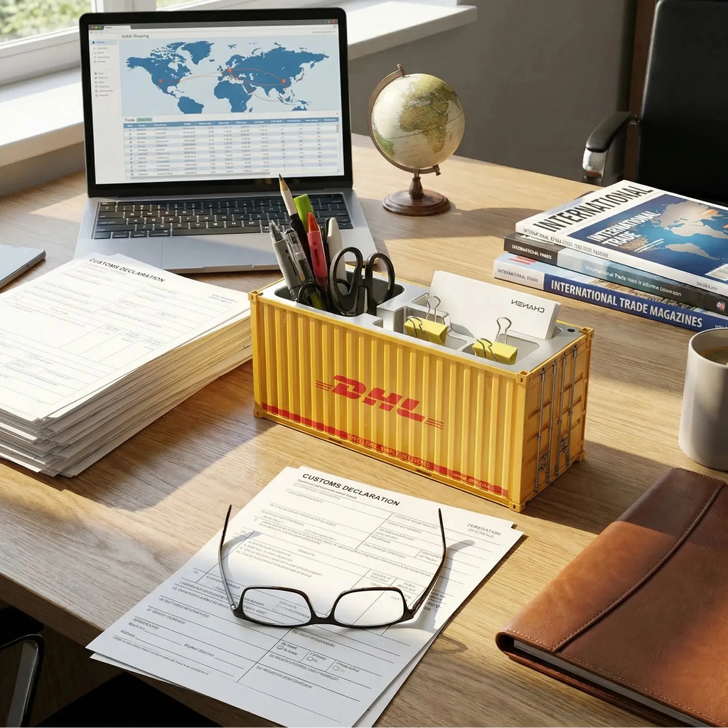 Porte-stylos en forme de conteneur maritime jaune, organisateur bureau avec compartiments et logo DHL.