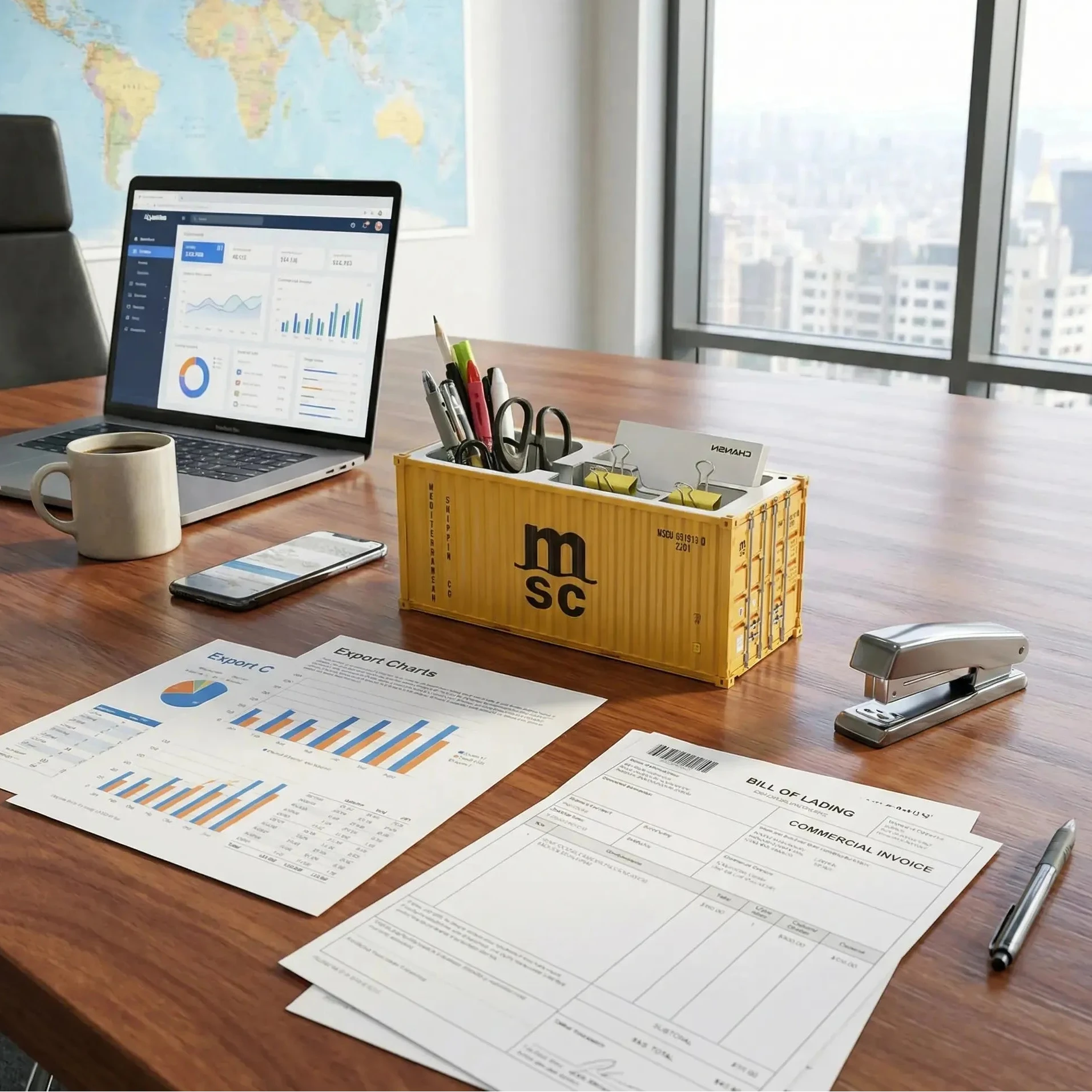 Porte-stylos en conteneur maritime jaune MSC, organisateur bureau avec stylos et fournitures.