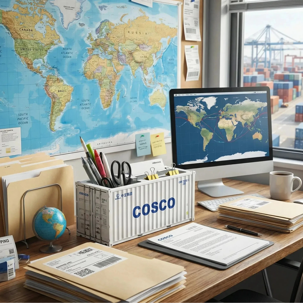 Organisateur bureau porte-stylos en forme de conteneur maritime blanc avec logo COSCO.