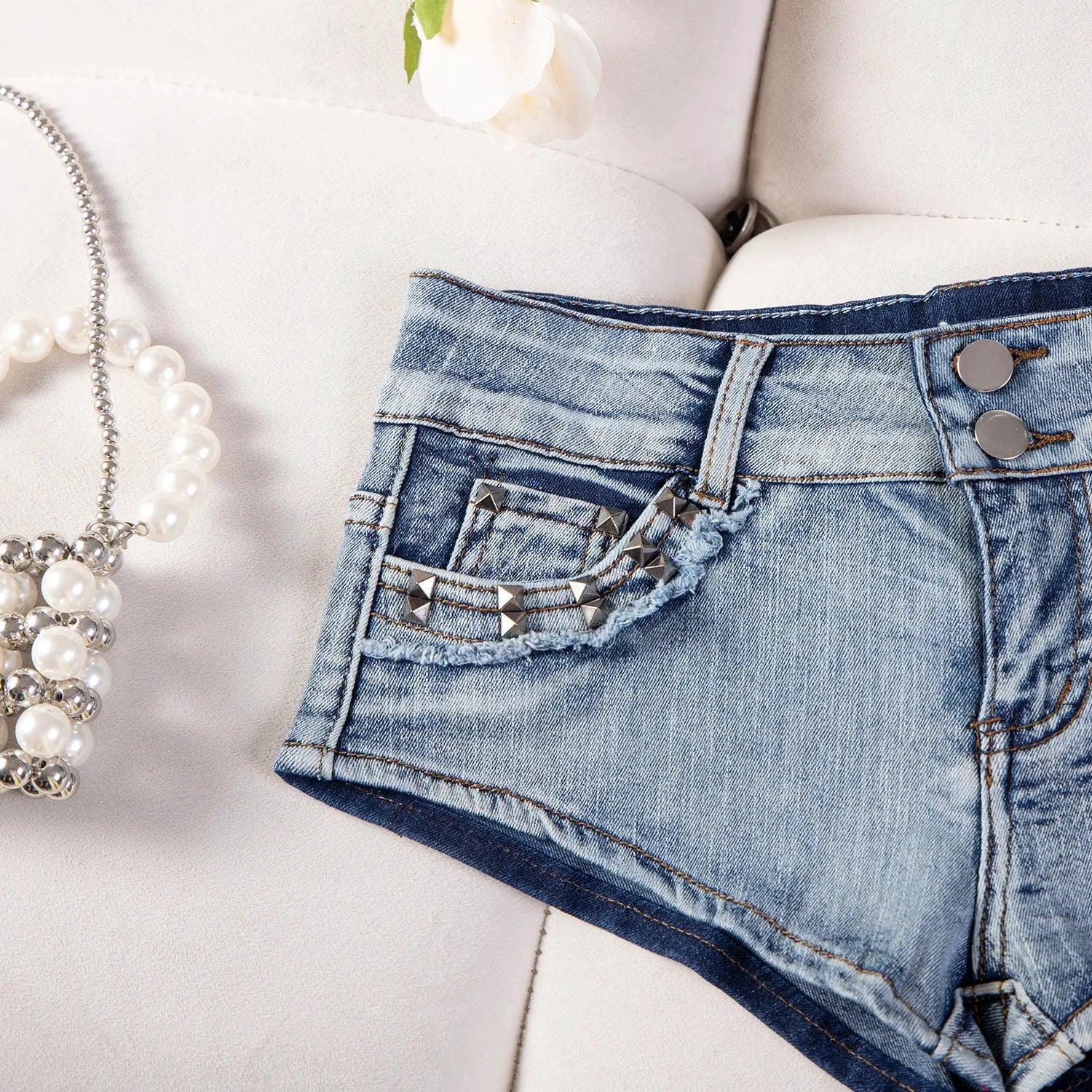 Short En Jean Femme Déchiré Taille Basse Rivets Y2K