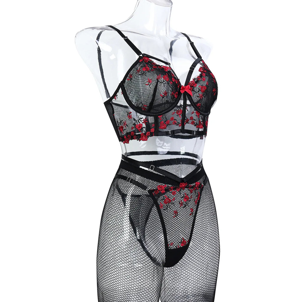 Diccvicc Floral Lace Corset Bandage Lingerie Set Black Red