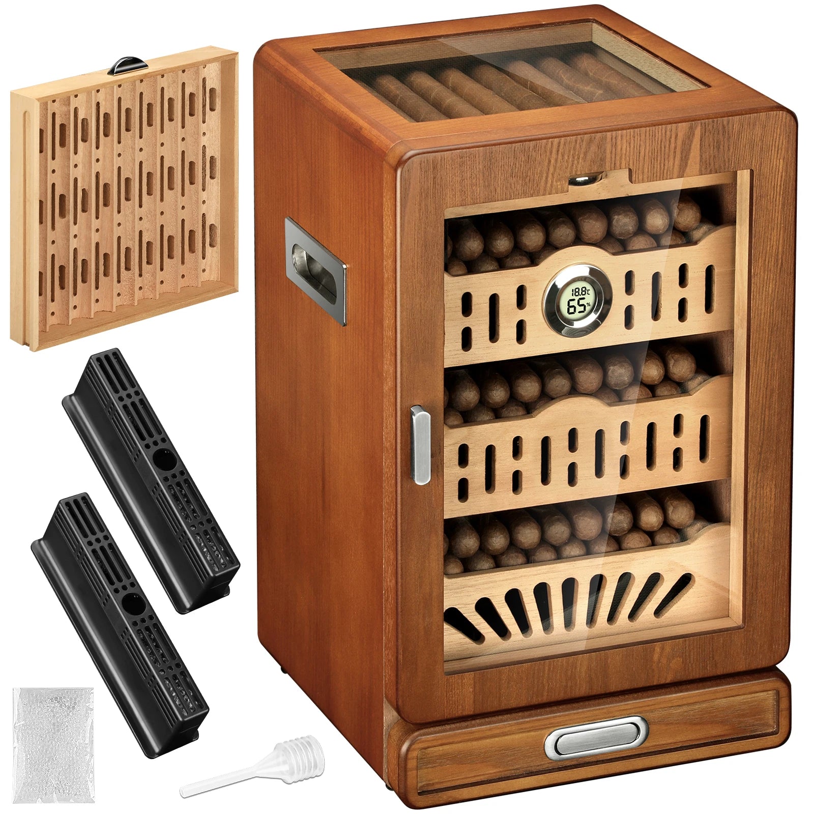 Cigar Humidor Cabinet,Desktop Humidor,with 4 Spanish Cedar Wood Shelves, 2 Humidifiers,Digital Hygrometer Thermometer and Drawer