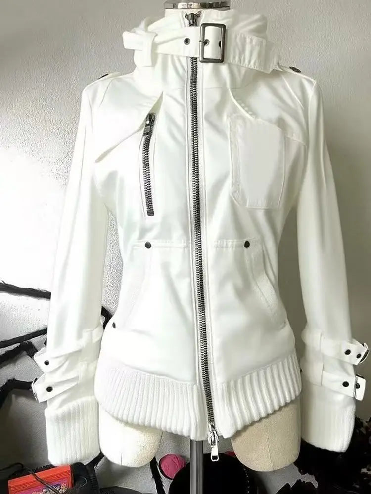 Veste Blanche À Col Montant Streetwear Zip Fermeture Zippée Polyester Non Tissé Pour Printemps Été Moderne by LSDLBoutique