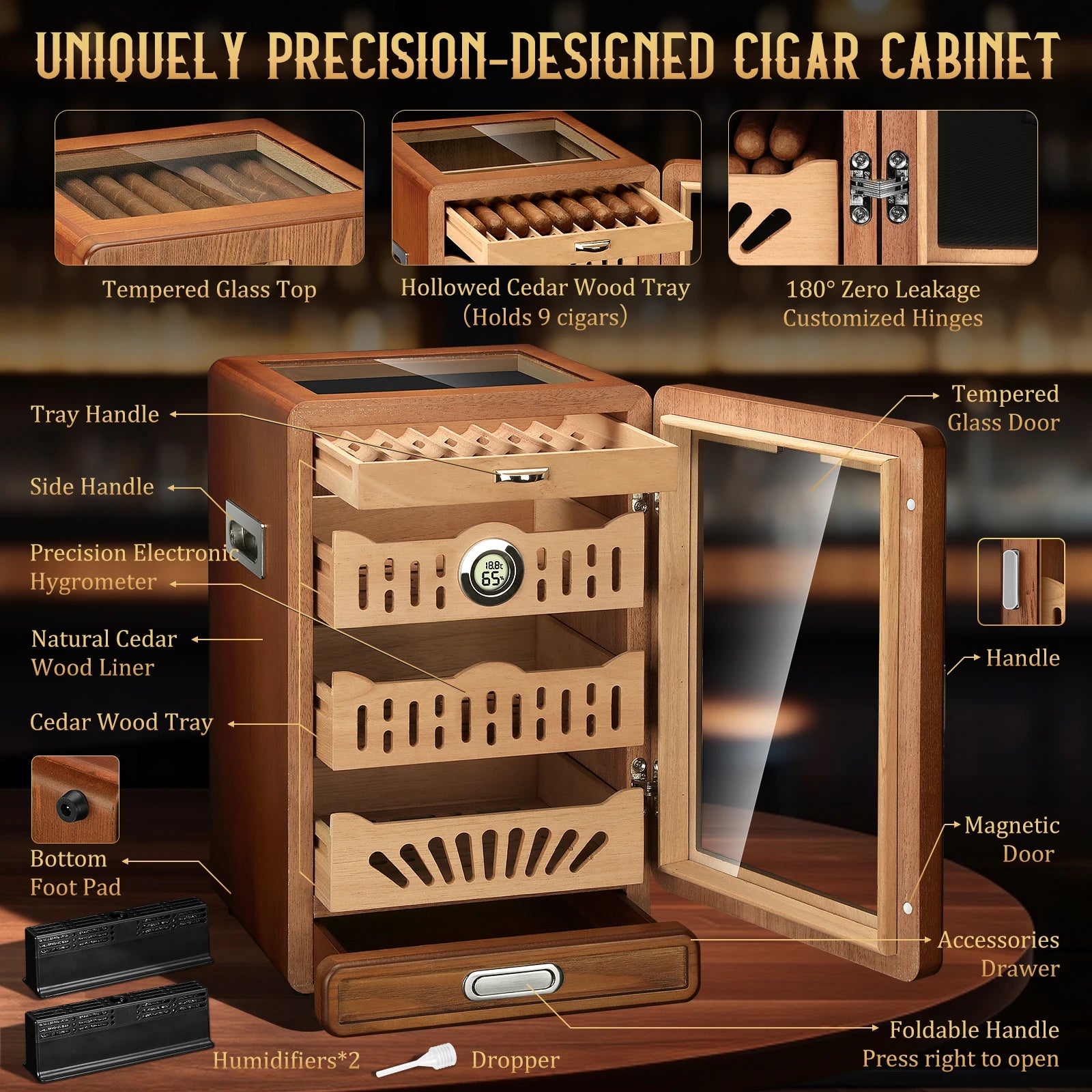 Cigar Humidor Cabinet,Desktop Humidor,with 4 Spanish Cedar Wood Shelves, 2 Humidifiers,Digital Hygrometer Thermometer and Drawer