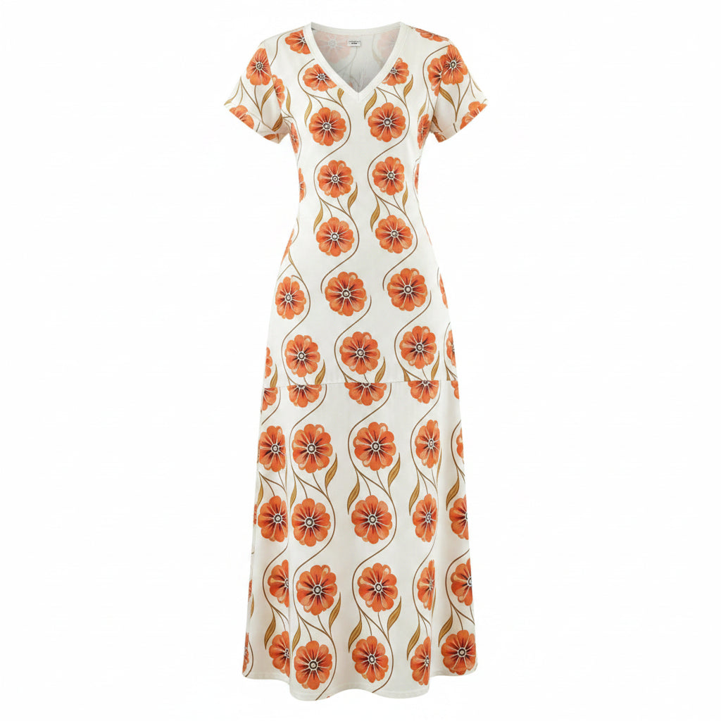Damen Bohemian Blumen Maxikleid, V-Ausschnitt, kurze Ärmel, seitlicher Schlitz, Freizeitkleid für Strand und Reisen