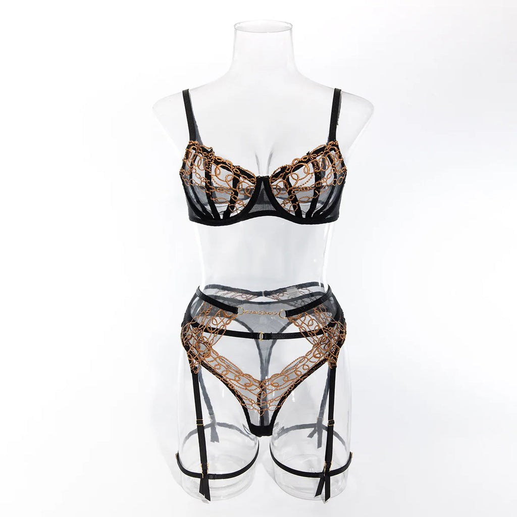 Toucheart 4-Piece Lingerie Set, Gold and Black Lace