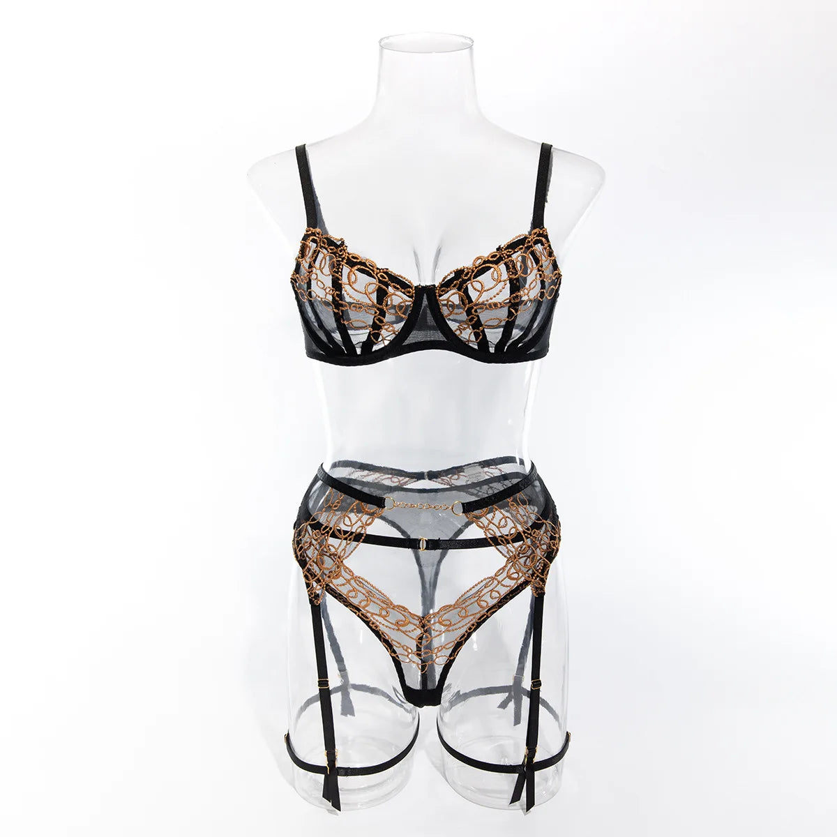 Toucheart Ensemble Lingerie 4 Pièces Dentelle Dorée Noire