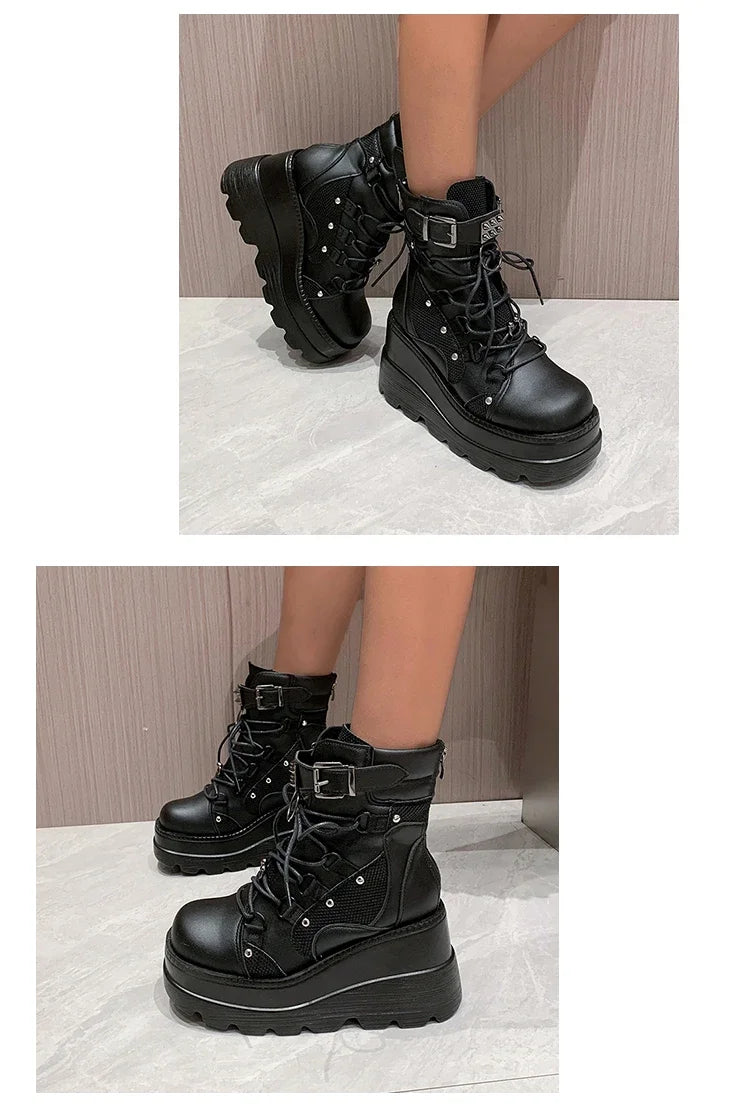 Bottines Plateforme Rose À Lacets Zip Semelle Crantée