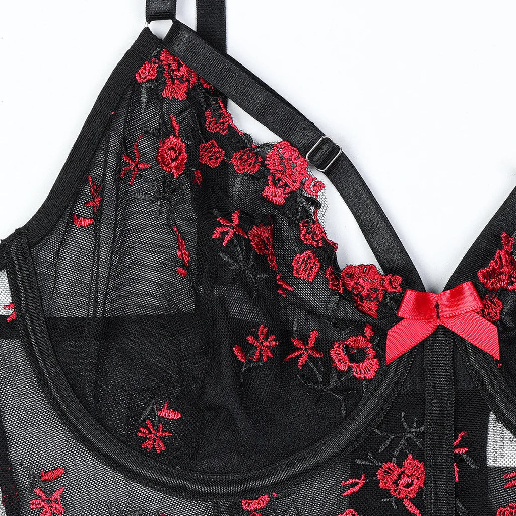 Diccvicc Floral Lace Corset Bandage Lingerie Set Black Red