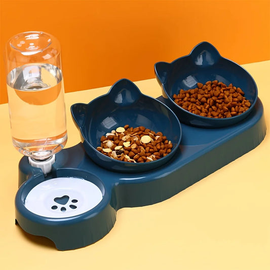 Gamelle 3-en-1 pour chat avec distributeur d’eau – Bols inclinés antidérapants