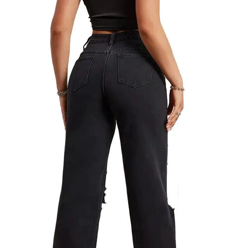 Jean droit noir déchiré LSDLBoutique, vue dos avec poches arrière et ceinture