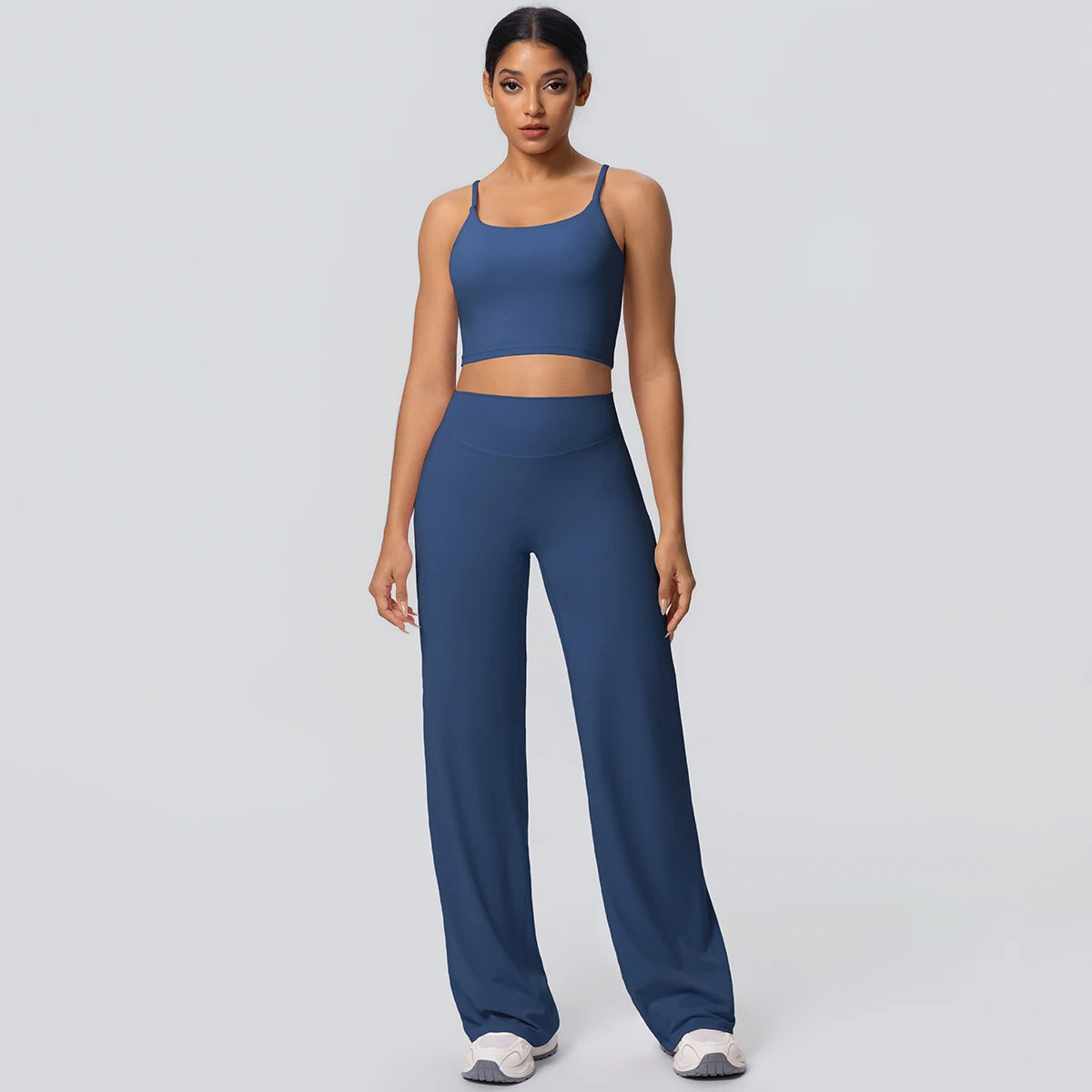Ensemble Sport Femme Bleu Clair Dos Nu Bretelles Pantalon Taille Haute