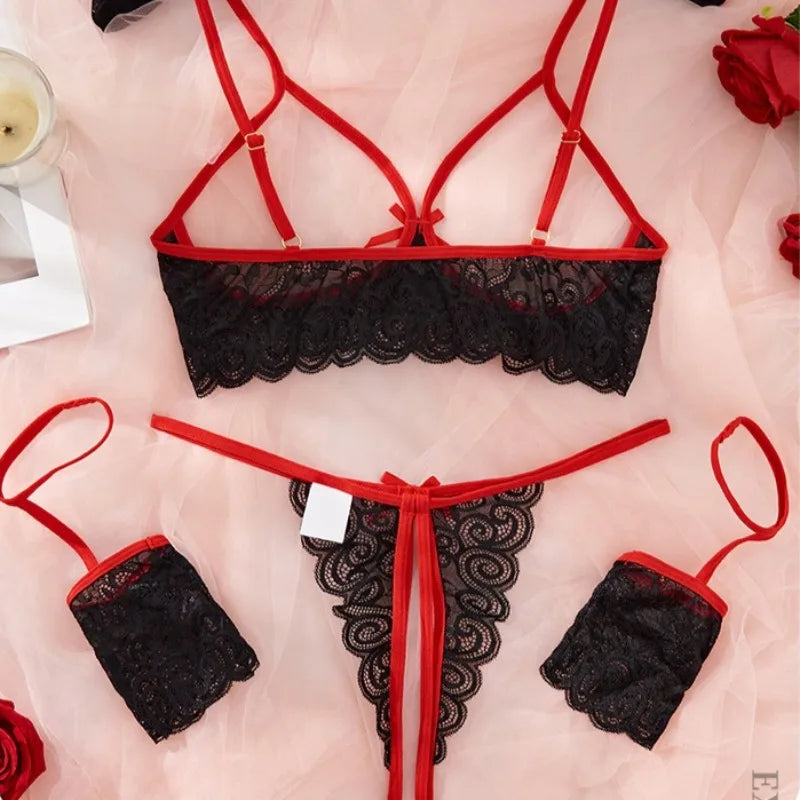 Tornova Lingerie Dentelle Noeud Papillon Jarretières Noir Rouge