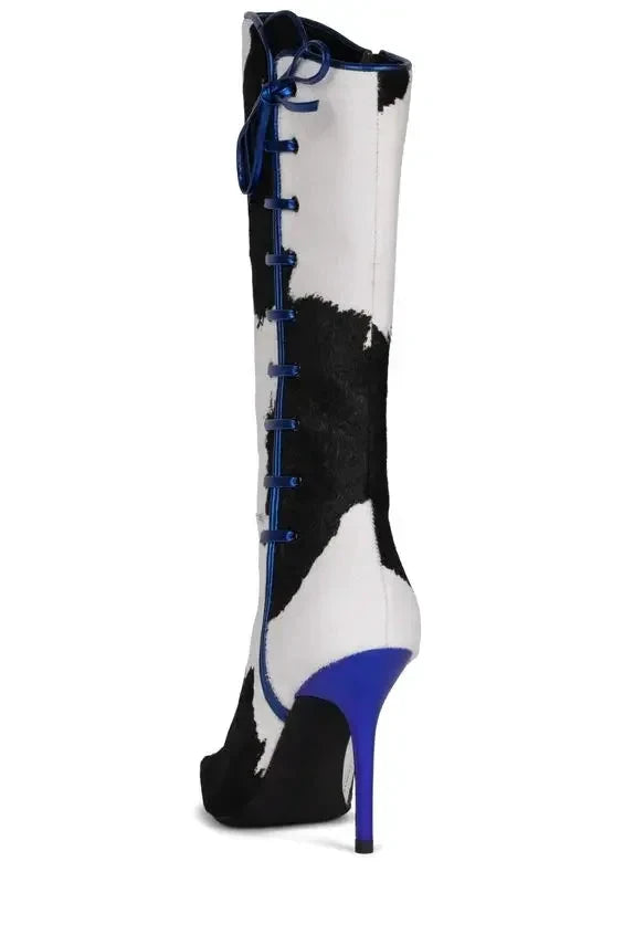 Bottes Mi-Mollet Cuir Blanc Noir Zip Latéral Bleu