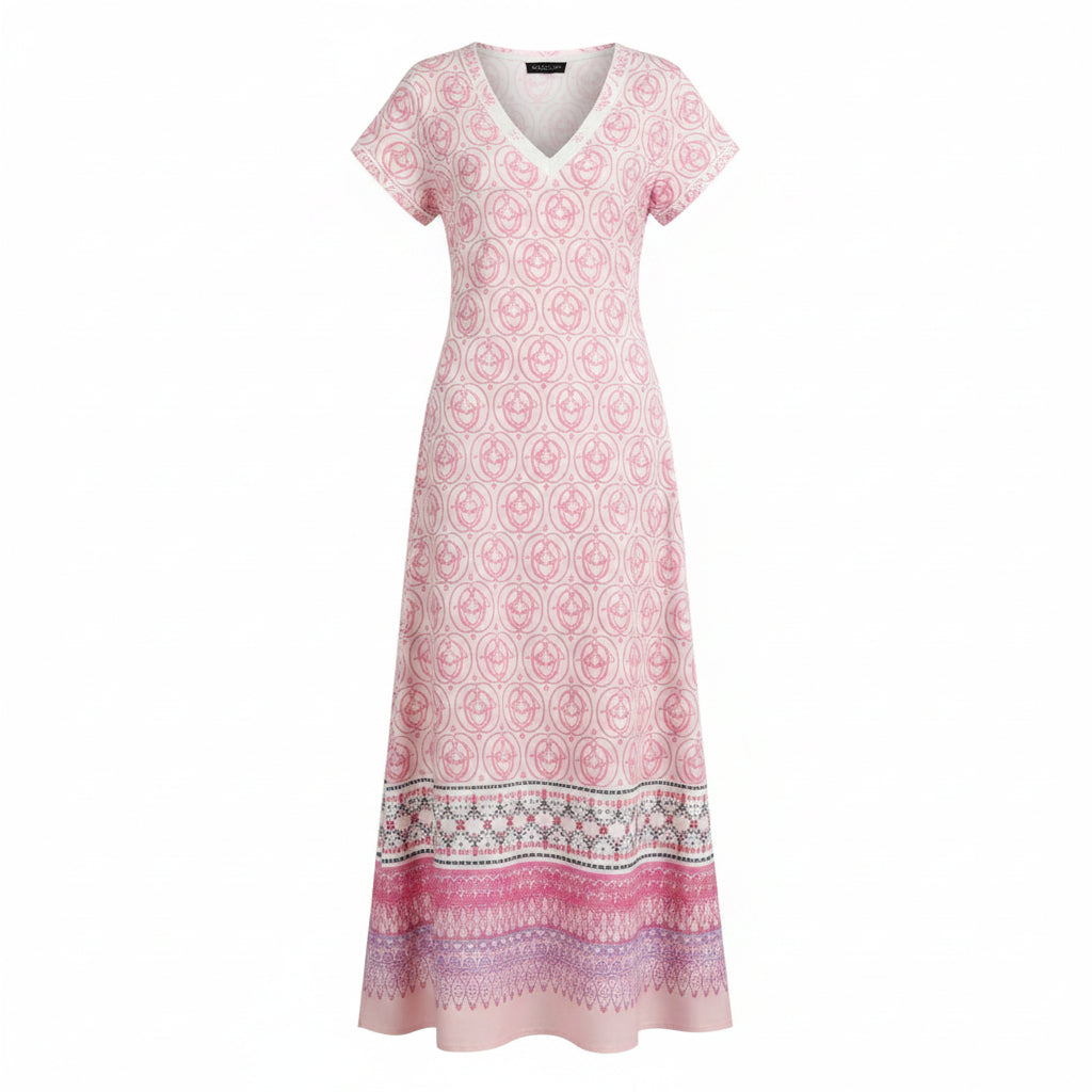 Damen Bohemian Blumen Maxikleid, V-Ausschnitt, kurze Ärmel, seitlicher Schlitz, Freizeitkleid für Strand und Reisen