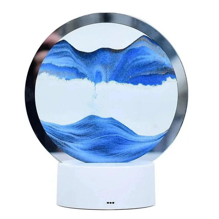 Lampe de table LSDLBoutique – sable mouvant 3D bleu, disque transparent, base blanche, LED RGB