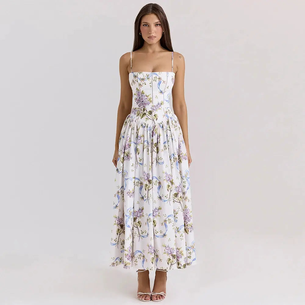 Robe Maxi Imprimée Fleurie Bretelles Spaghetti