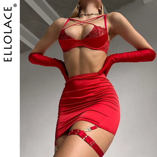 Ellolace Ensemble Lingerie Soutien Gorge Croisé Push Up Dentelle Rouge