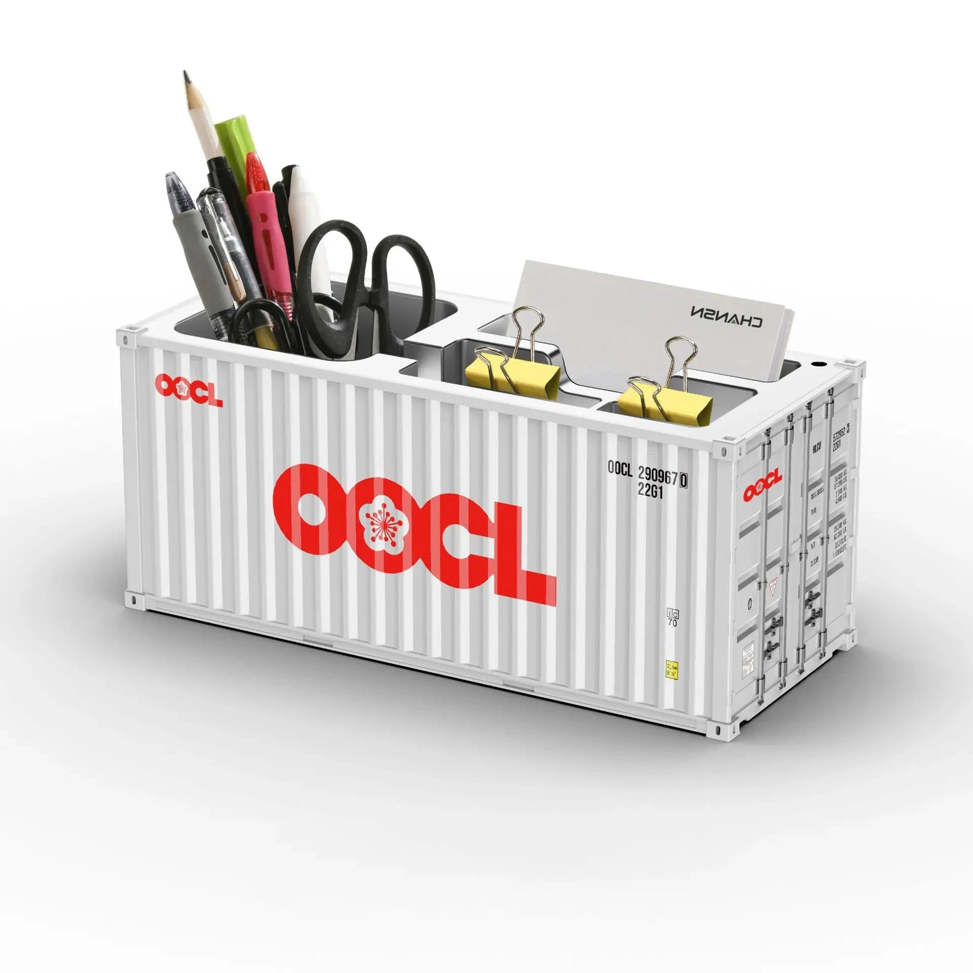 Porte-stylos en conteneur maritime blanc par LSDLBoutique, logo OOCL rouge, organise stylos et petits accessoires.
