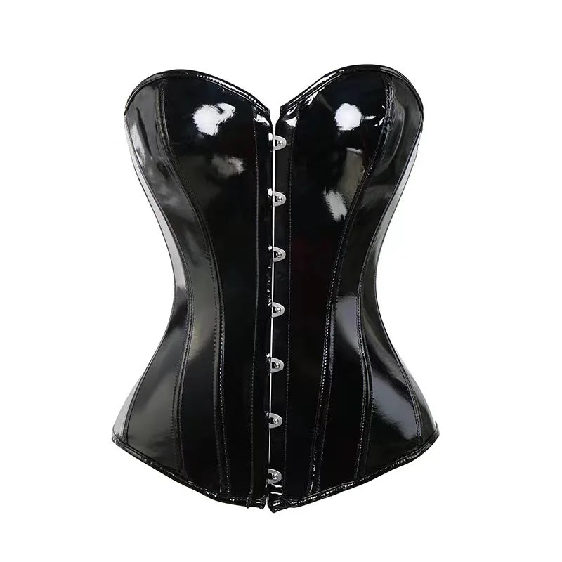 Black Vinyl Overbust Corselet – Front Zip, Back Lacing