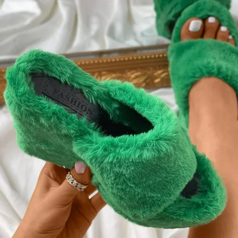 Pantoufles Femme Plateau Fourrure Fausse Talon Épais