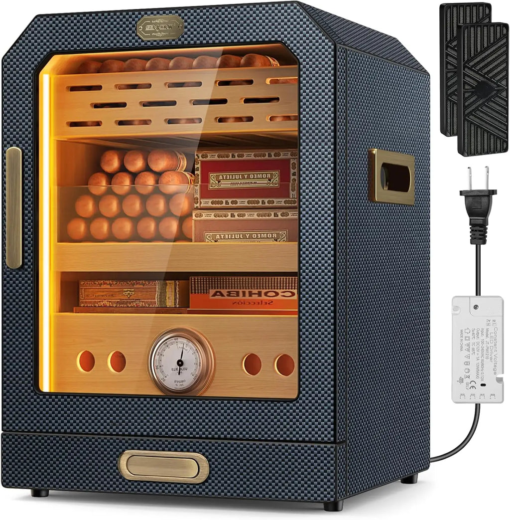 Cigar Humidor, Lighted Control Magnetic Door, with Cigar Accessory Drawer and 2 humidifiers 3 Layer Large Capacity Storage