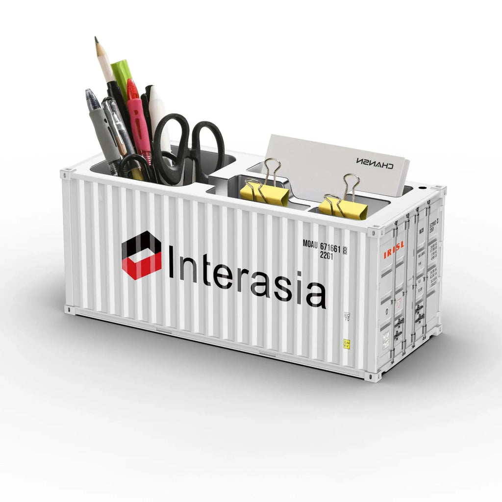 Porte-stylos conteneur maritime blanc, organiseur bureau Interasia avec compartiments stylos et ciseaux