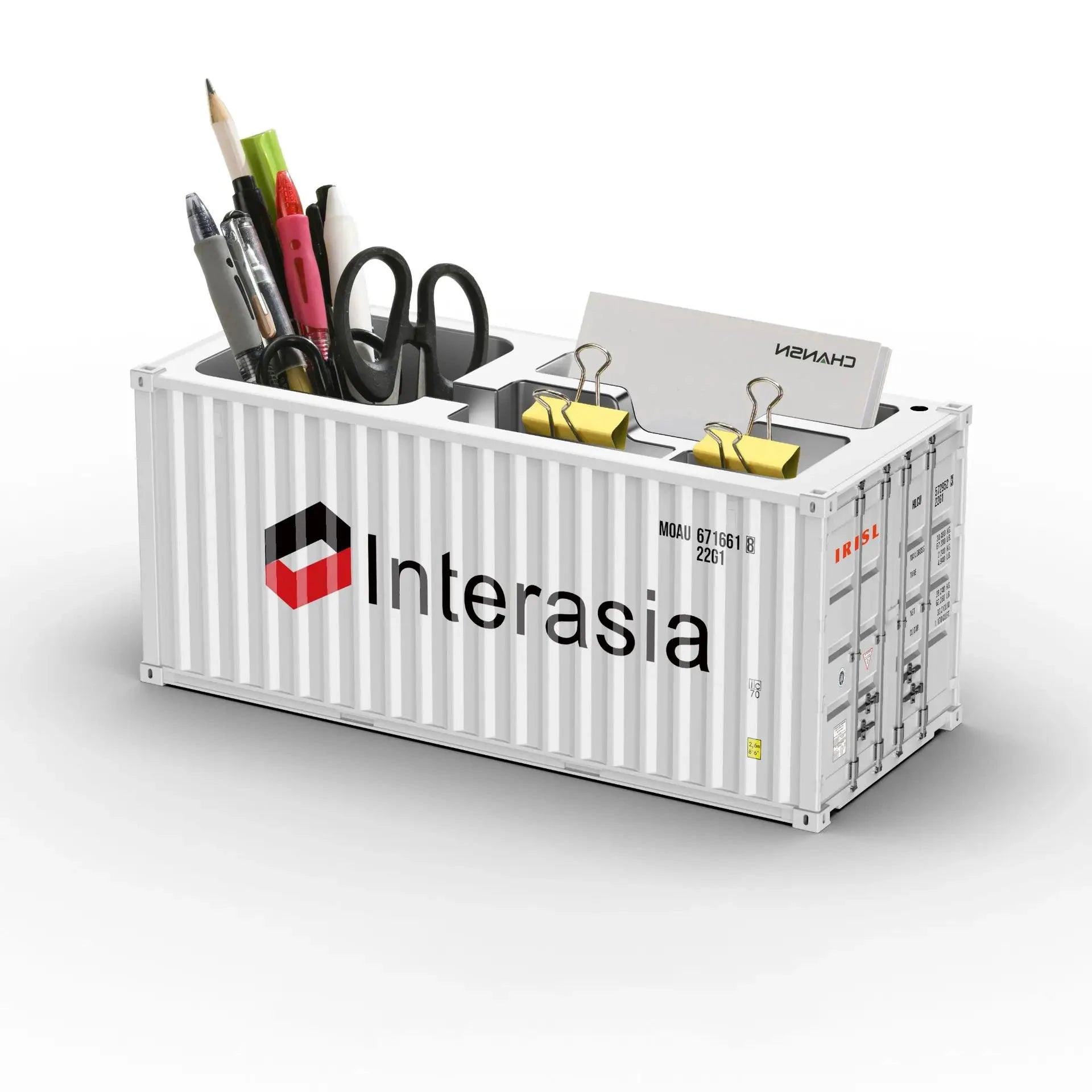 Porte-stylos conteneur maritime blanc, organiseur bureau Interasia avec compartiments stylos et ciseaux