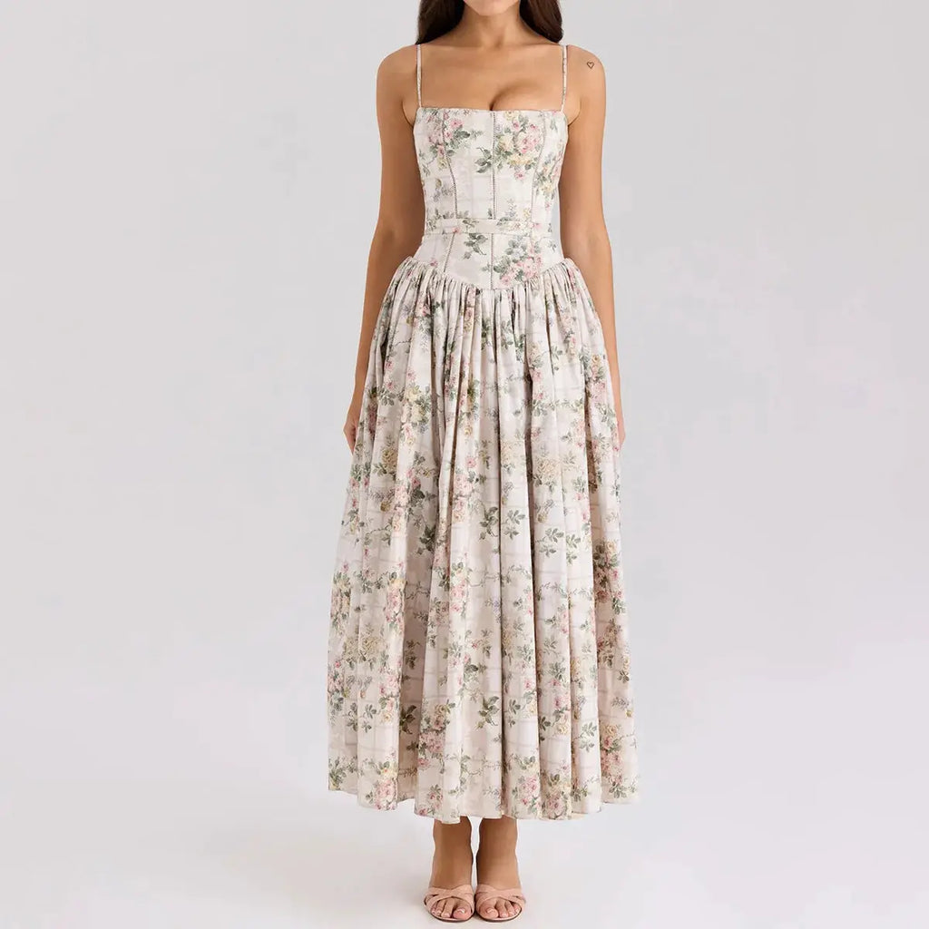 Robe Maxi Imprimée Fleurie Bretelles Spaghetti