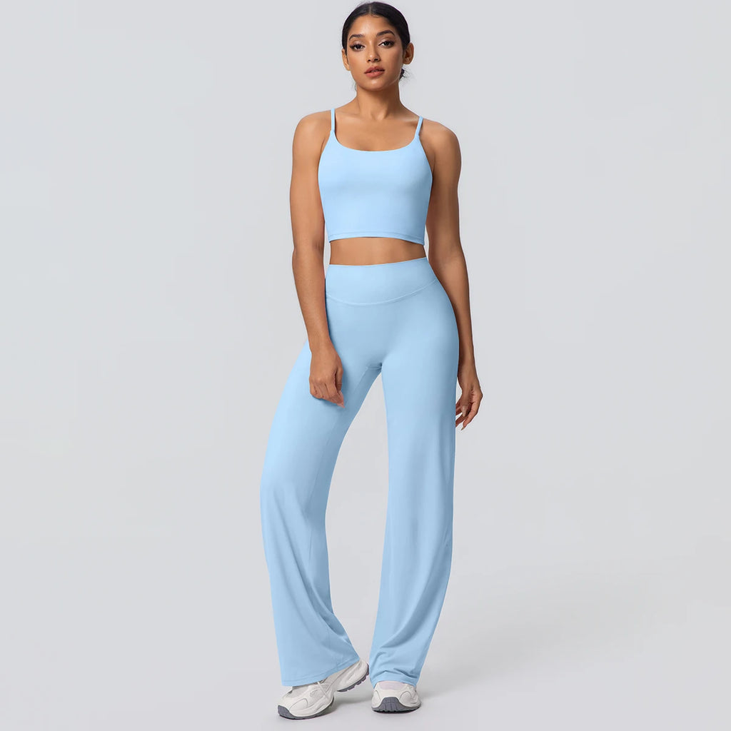 Ensemble Sport Femme Bleu Clair Dos Nu Bretelles Pantalon Taille Haute
