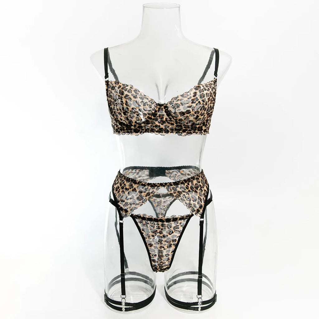 Krasapt 4-Piece Leopard Print Lingerie Set