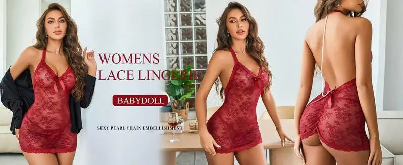 Transparente schwarze Spitzen-Dessous-Bluse mit Neckholder-Perlen