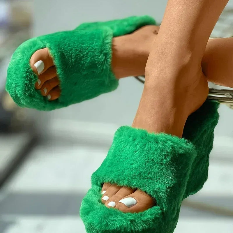 Pantoufles Femme Plateau Fourrure Fausse Talon Épais