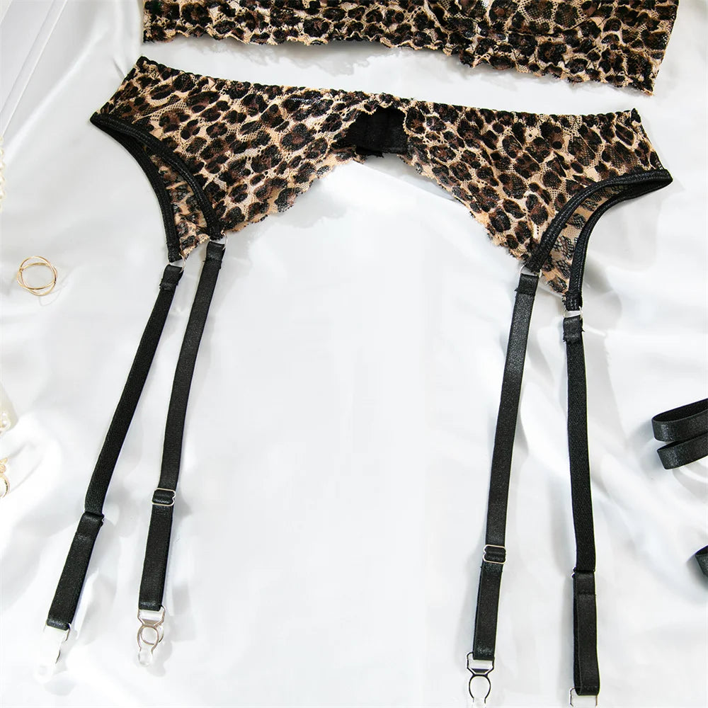 Krasapt 4-Piece Leopard Print Lingerie Set