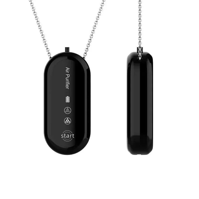 Purificateur d'air portable noir en pendentif avec chaîne métallique et bouton start