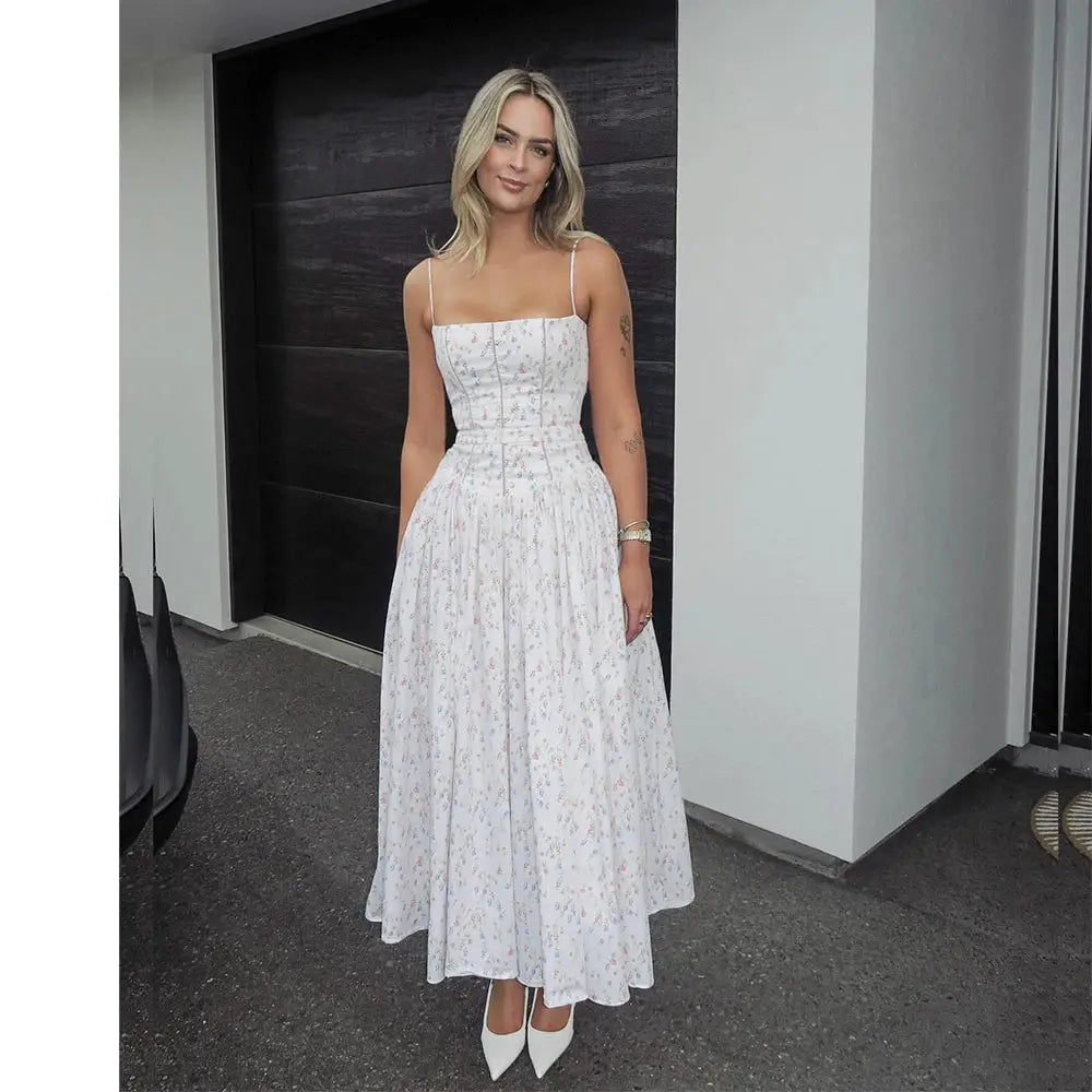 Robe Maxi Imprimée Fleurie Bretelles Spaghetti